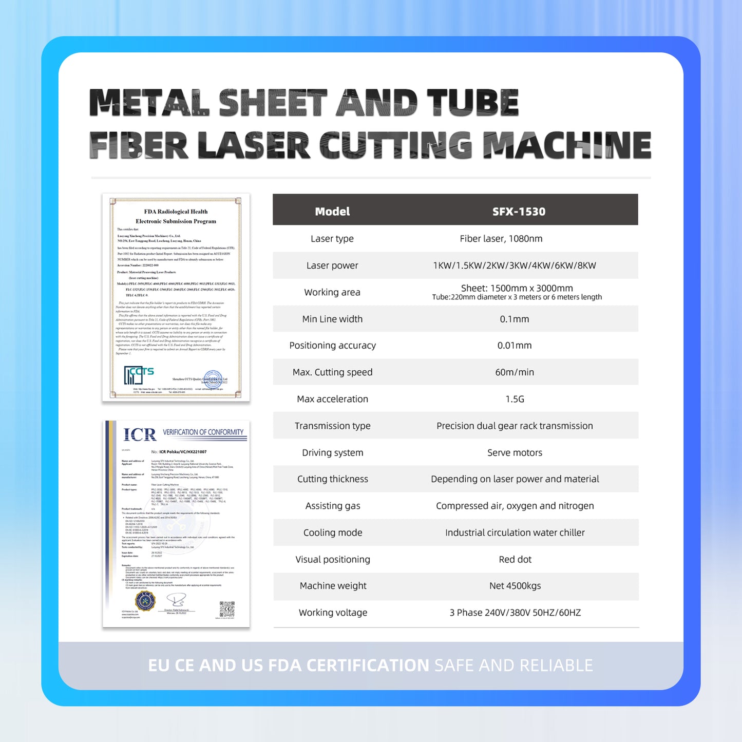 SFX 2000W 3000W 6000W 1530 Metal Sheet And Tube Fiber Laser Cutting Machine Engraving Machine