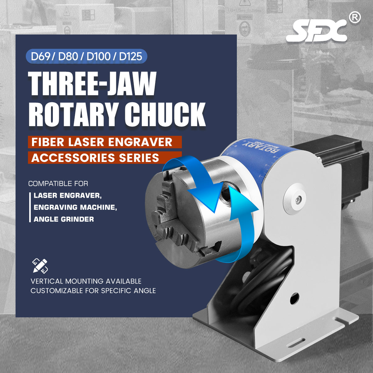 SFX Three-Jaw Rotary Chuck Rotary Axis for Fiber Laser Marking Machine D80 D100 D125