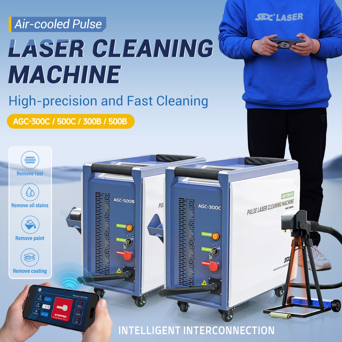 SFX 300W 500W Intelligent Interconnection Portable Air-cooled Pulse Laser Cleaning Machine Metal Wood Rust Paint Oil Oxide Layer Remover