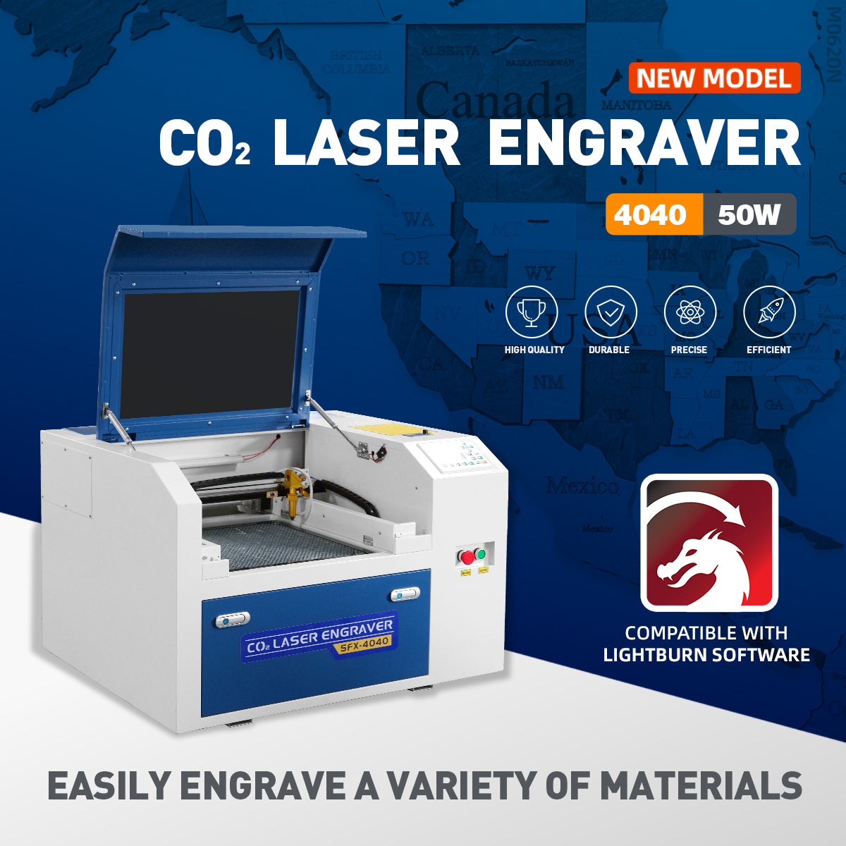 US Stock RUIDA 50W CO2 Laser Engraver Cutter 16"*16" Engraving Machine with 40*40cm Working Table