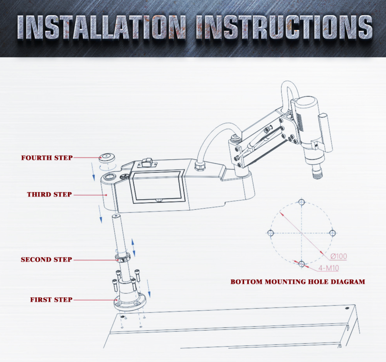 Electric Tapping Machine Universal 360° Flexible Tapping Arm Chuck Touch Screen with Collets M16R/M24HR/M30R/M36R/M48R