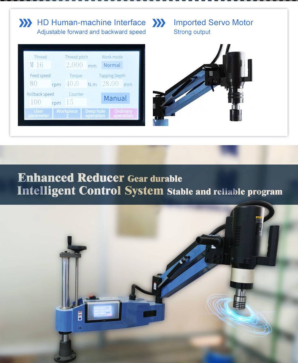 Electric Tapping Machine Universal 360° Flexible Tapping Arm Chuck Touch Screen with Collets M16R/M24HR/M30R/M36R/M48R