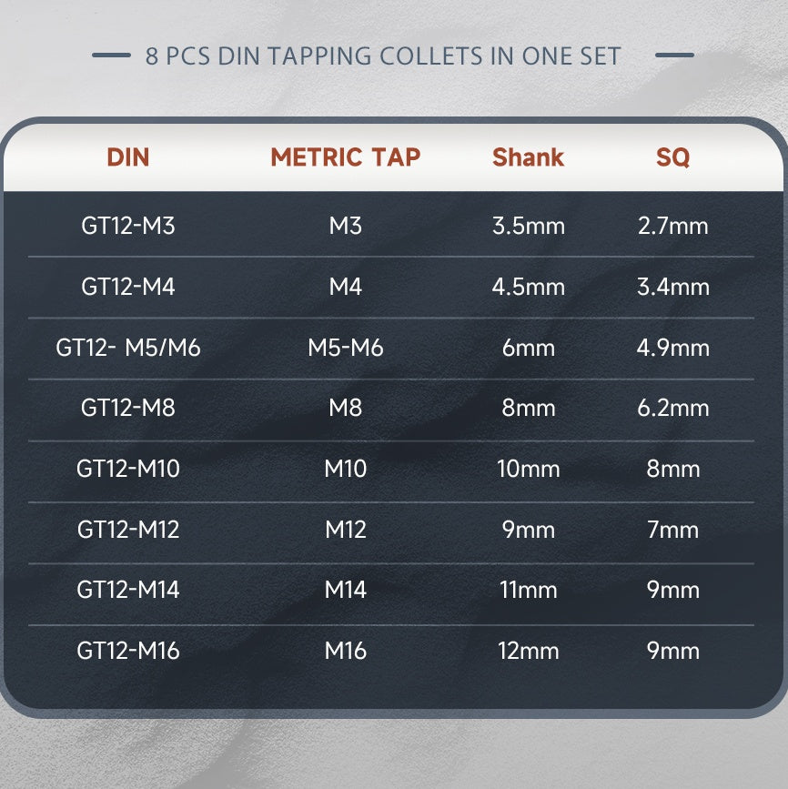 GT12 DIN Tapping Collects for M16R/PNEU-12 Tapping Arm Compatible GT12 DIN Collet Holder