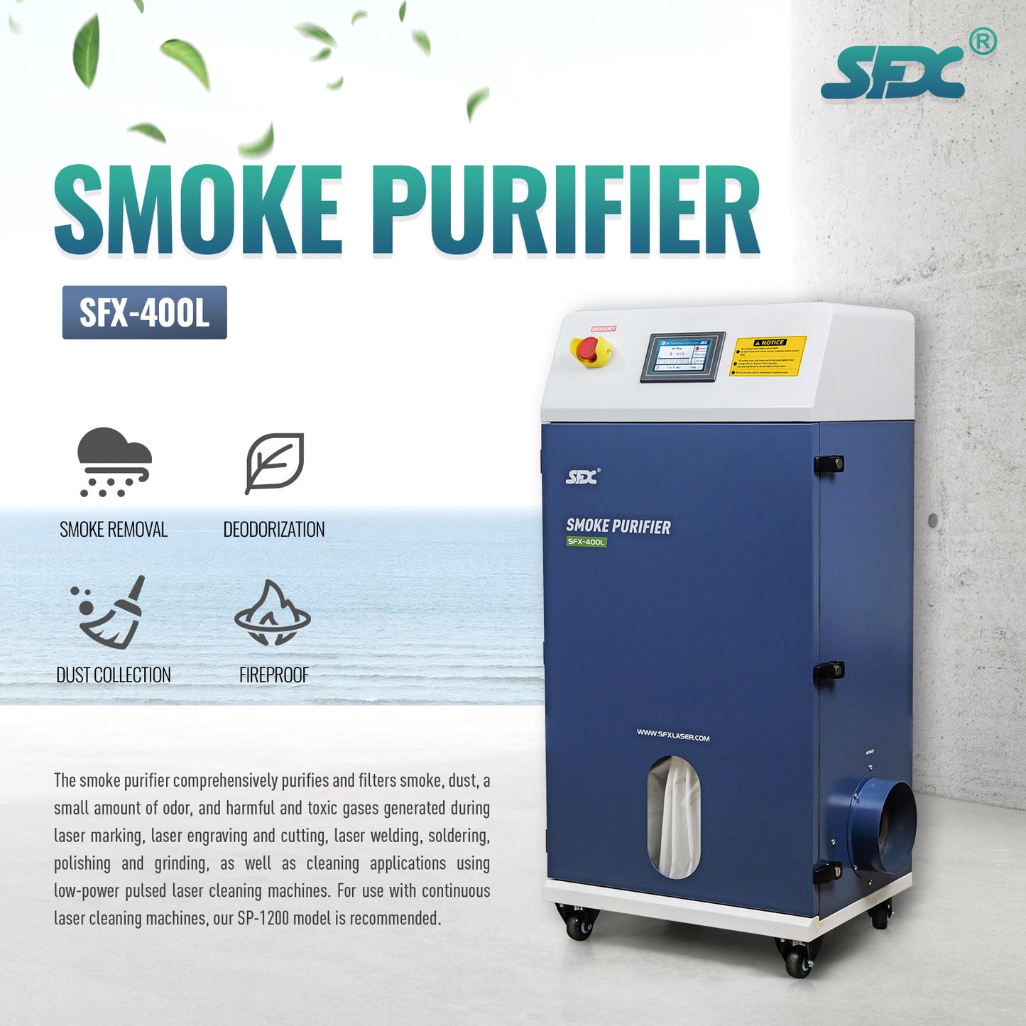SFX-400L 800W Fume Extractor with HEPA Filter for Laser Cleaning and Welding (75dB)