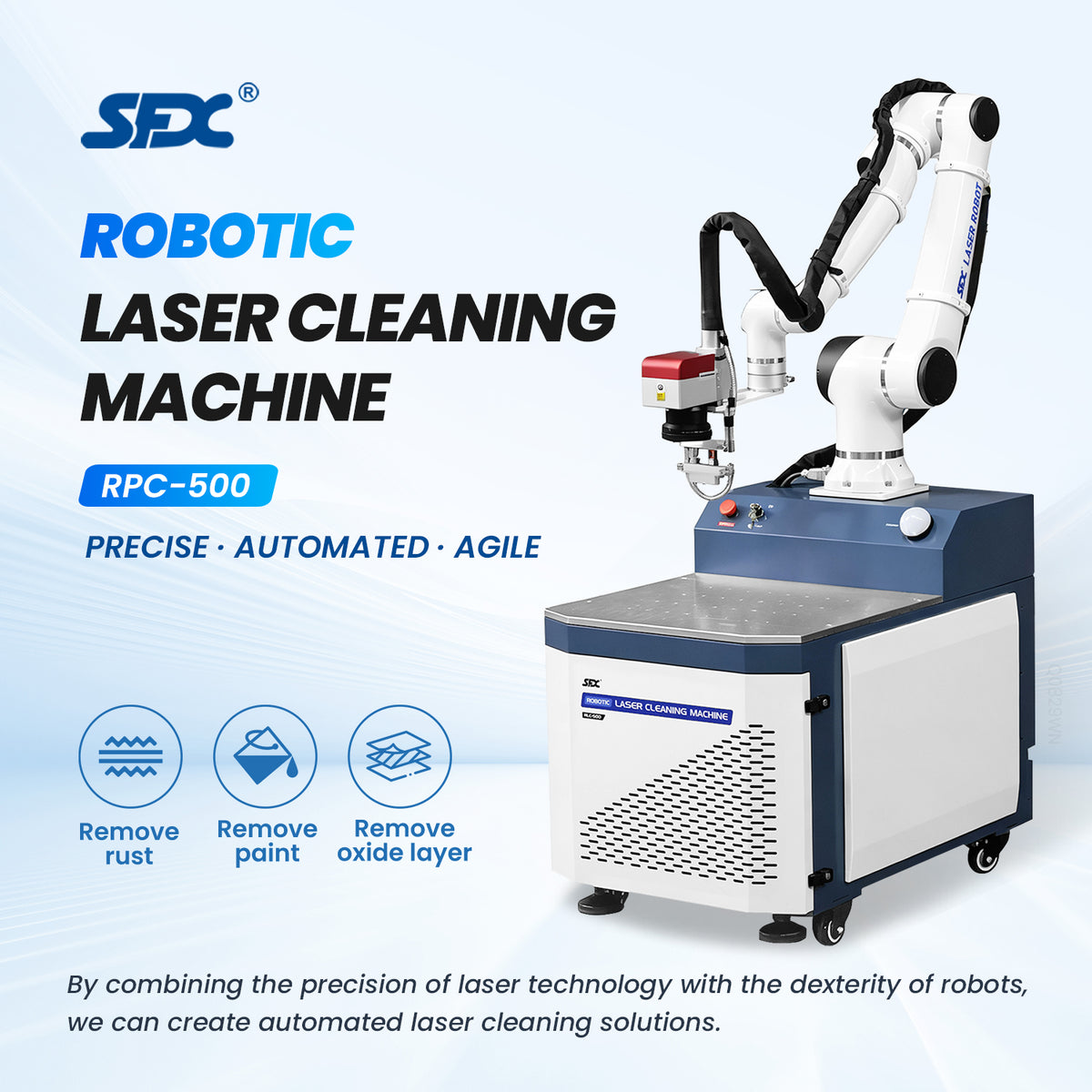 SFX 6-Axis Pulsed Robotic Laser Cleaning Machine Automatic Rust Oil Paint Coating Remover 500W