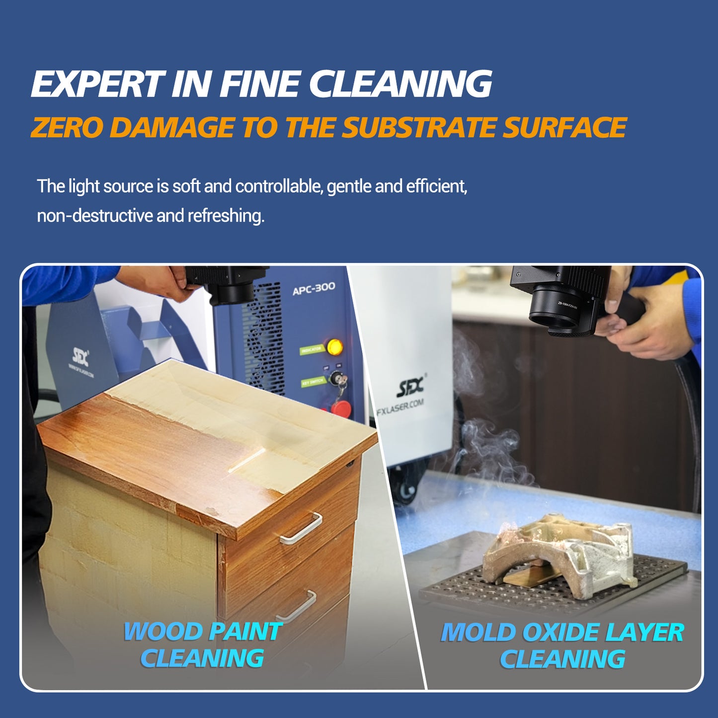SFX 300W/500W Air-cooled Pulsed  Laser Cleaning Machine Specialized Wood Cleaning Wood Paint Remover
