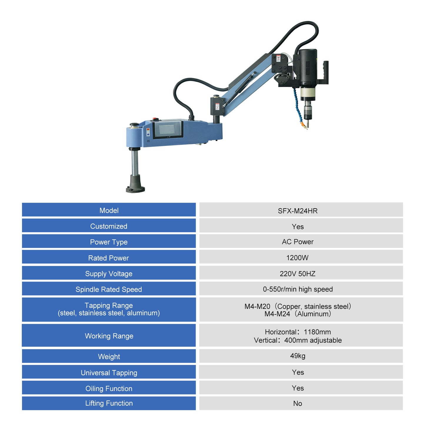 Oil Spraying Function Electric Tapping Arm Machine Universal Flexible Arm M16R M24HR M30R M36R M48R