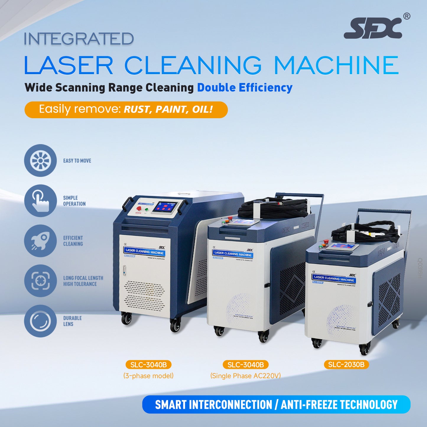 SFX 3000W Single Phase AC220V Double-Wobble Gun Head Laser Cleaning Machine Smart Interconnection Metal Rust Oxide Painting Oil Removal